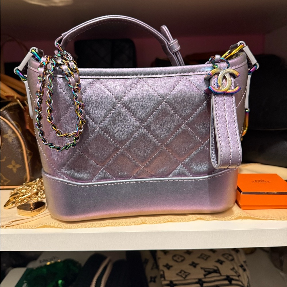 CHANEL Iridescent Lavender Quilted Shoulder Small Bag with Rainbow HW